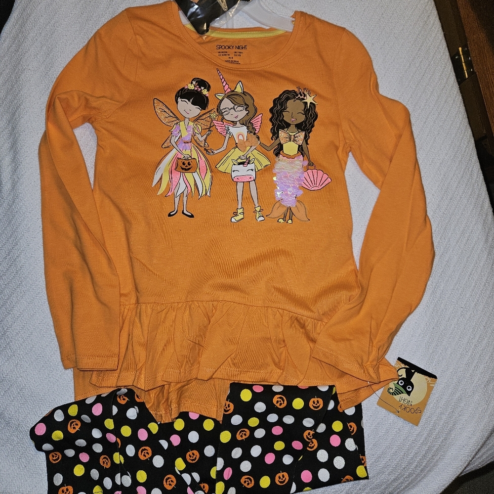 Orange Long Sleeve Top with Halloween Print and Black Polka Dot Pants